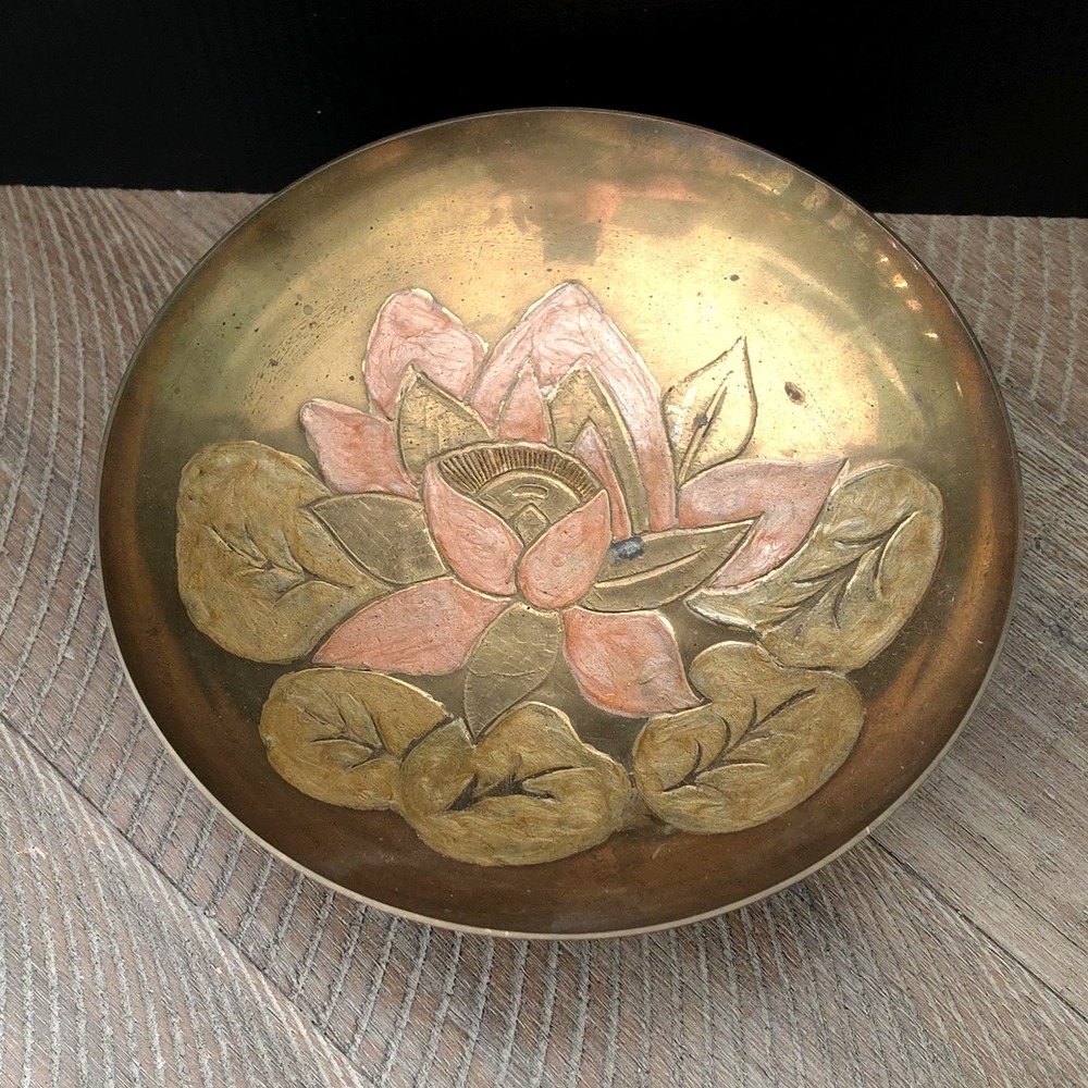 Vintage Brass Pedestal Bowl Floral Enamel Lotus Flower 7.25 in